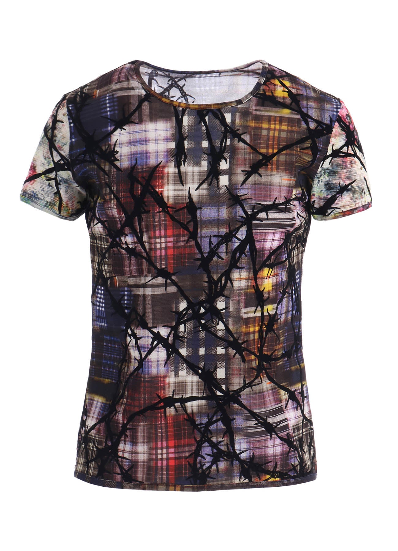 CHECK + FLORAL COMBINATION TIGHT SHORT SLEEVE T-SHIRT