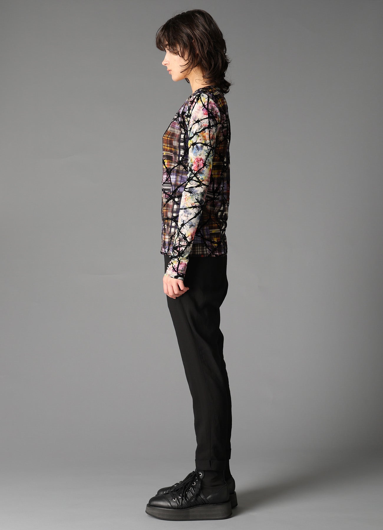 CHECK + FLORAL COMBINATION  TIGHT LONG SLEEVE T