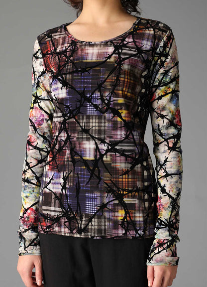 CHECK + FLORAL COMBINATION  TIGHT LONG SLEEVE T