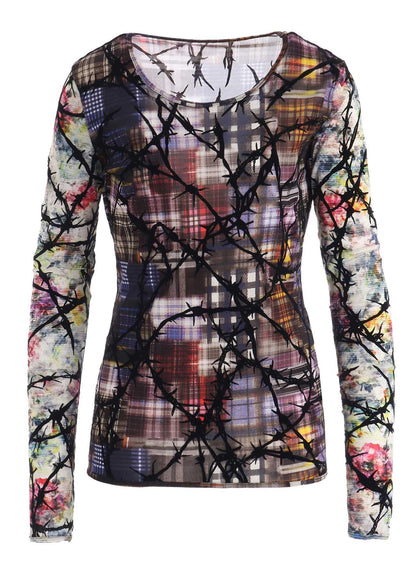 CHECK + FLORAL COMBINATION  TIGHT LONG SLEEVE T