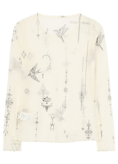 TATTOO PRINTED TULLE TIGHT LONG SLEEVE T