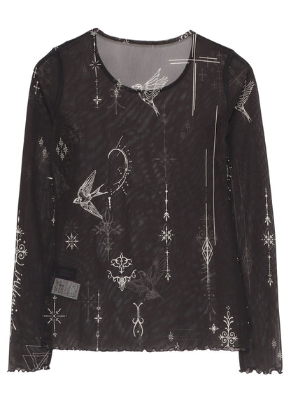 TATTOO PRINTED TULLE TIGHT LONG SLEEVE T