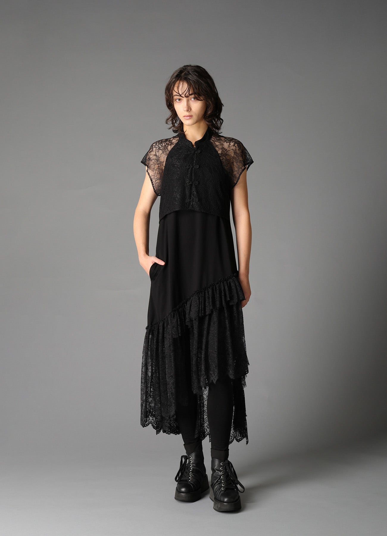 FLOWER LACE+SIGLE JERSEY LACE DETAIL DRESS