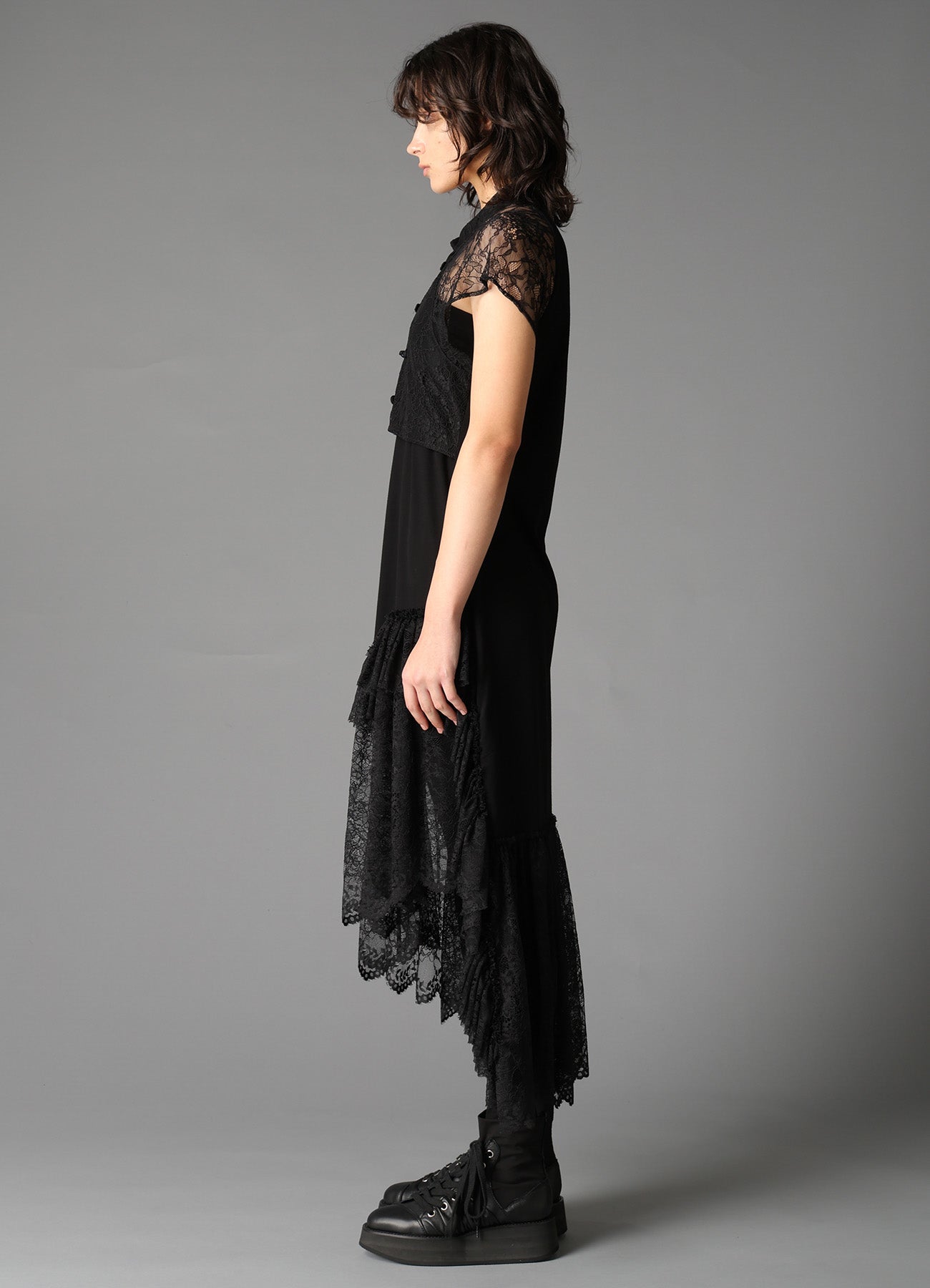 FLOWER LACE+SIGLE JERSEY LACE DETAIL DRESS