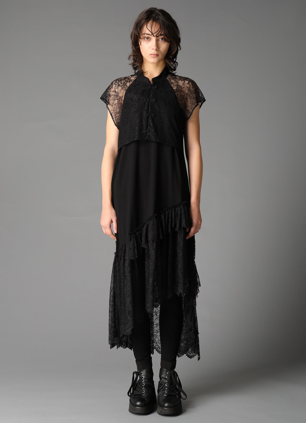 FLOWER LACE+SIGLE JERSEY LACE DETAIL DRESS