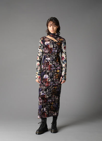 CHECK + FLORAL COMBINATION SLIT DRESS