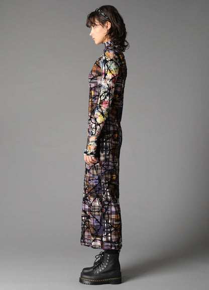 CHECK + FLORAL COMBINATION SLIT DRESS