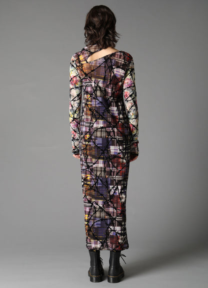 CHECK + FLORAL COMBINATION SLIT DRESS