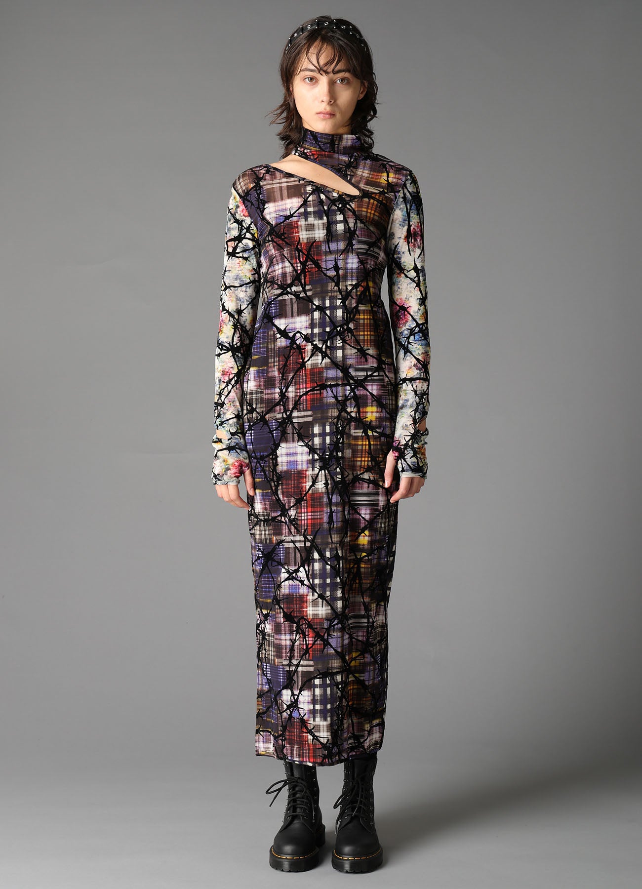 CHECK + FLORAL COMBINATION SLIT DRESS