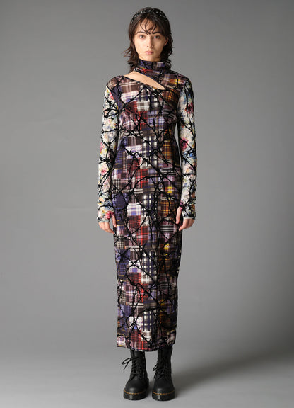 CHECK + FLORAL COMBINATION SLIT DRESS