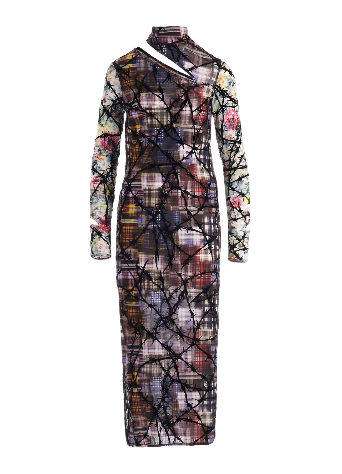 CHECK + FLORAL COMBINATION SLIT DRESS