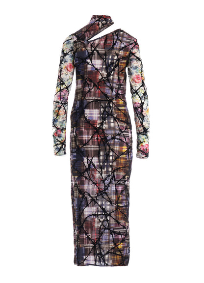 CHECK + FLORAL COMBINATION SLIT DRESS