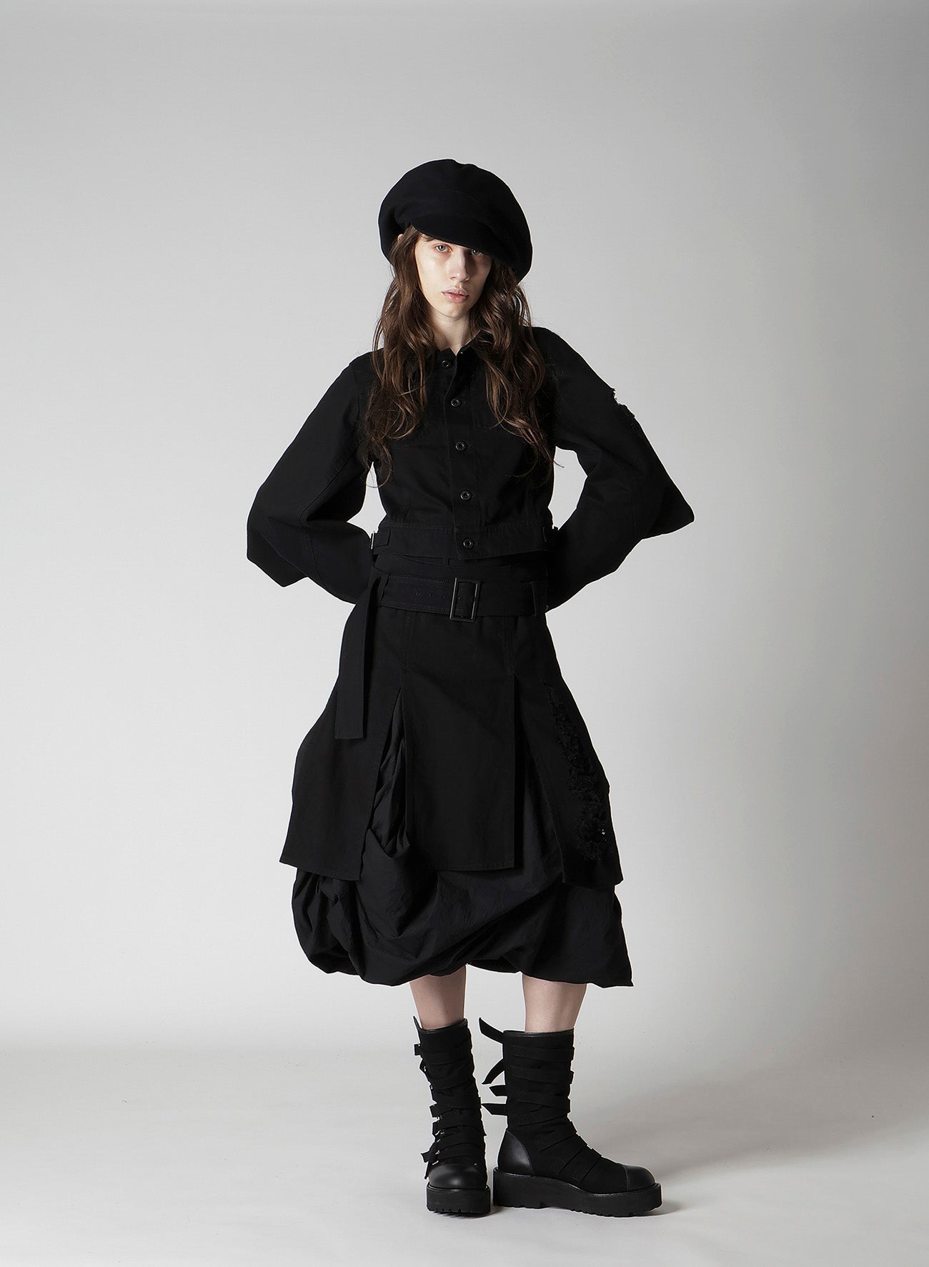 DAMAGED DENIM BELT BALLOON SKIRT