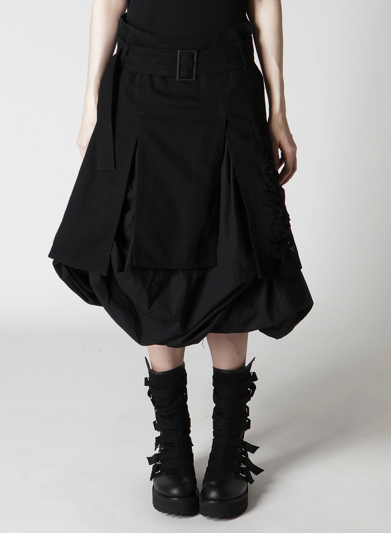 DAMAGED DENIM BELT BALLOON SKIRT