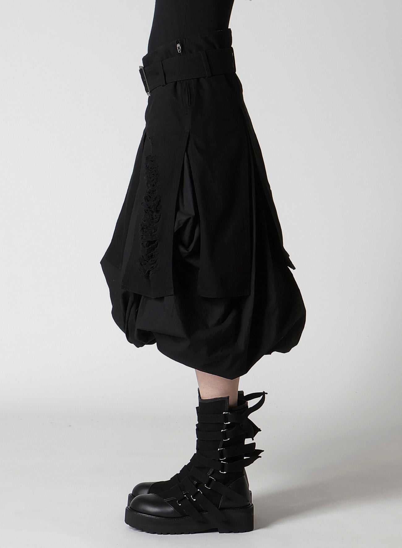 DAMAGED DENIM BELT BALLOON SKIRT
