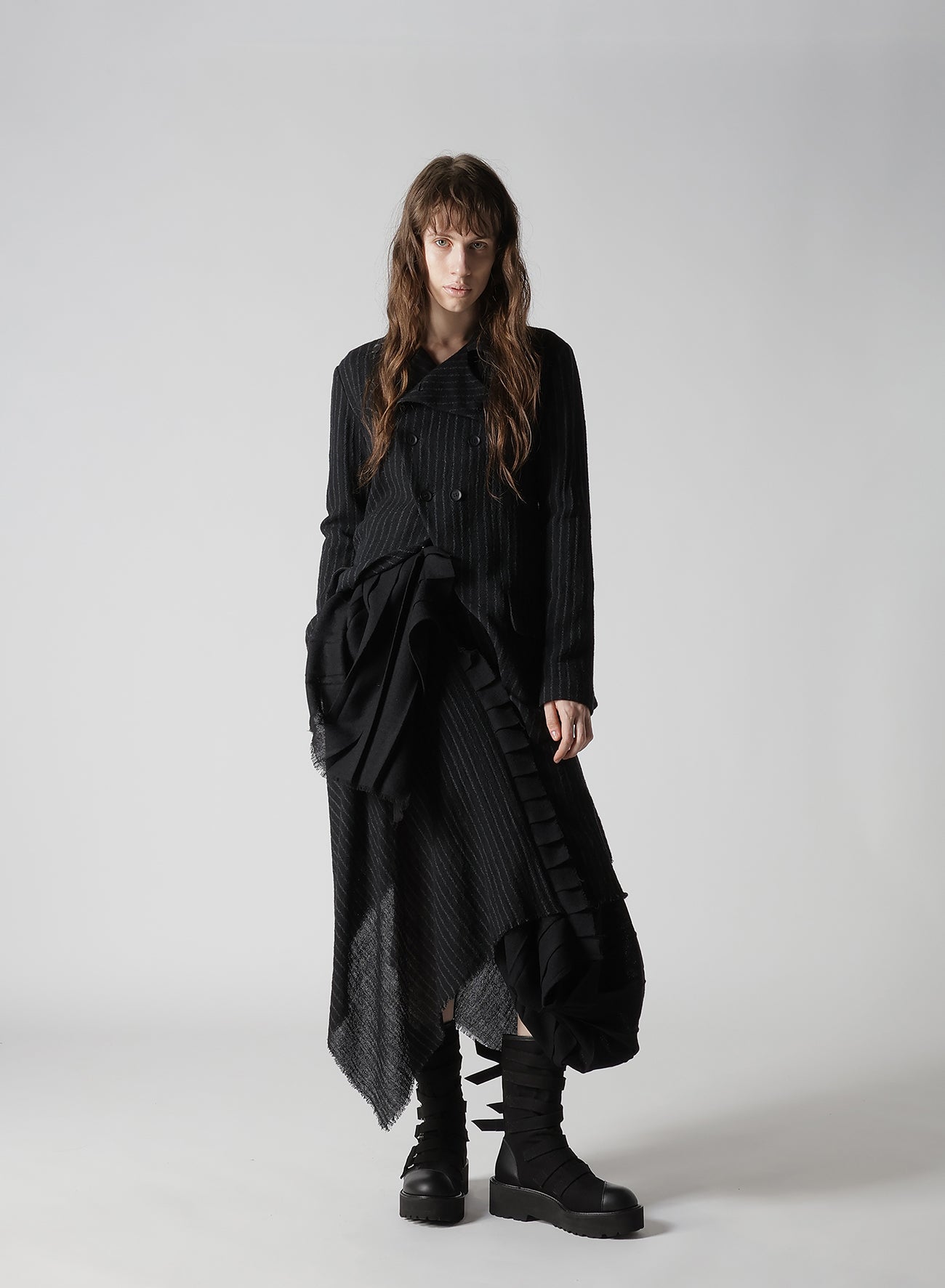 STRIPE GAUZE PLEATS CONBINATION SKIRT