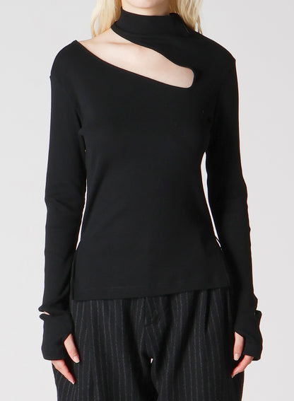 COTTON RAYON RIB SLIT HIGH NECK T-SHIRT