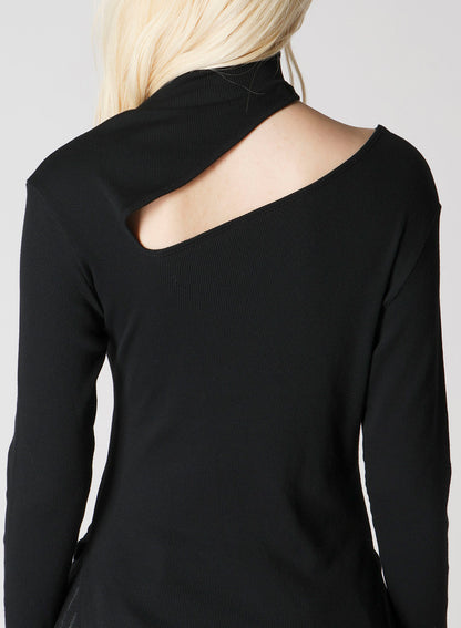 COTTON RAYON RIB SLIT HIGH NECK T-SHIRT