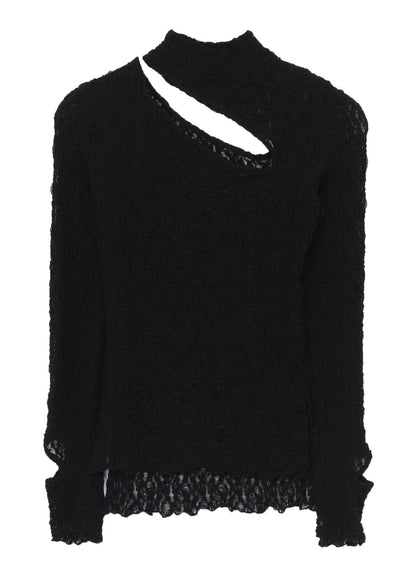 FLOWER SHIRRING SLIT HIGH NECK T-SHIRT