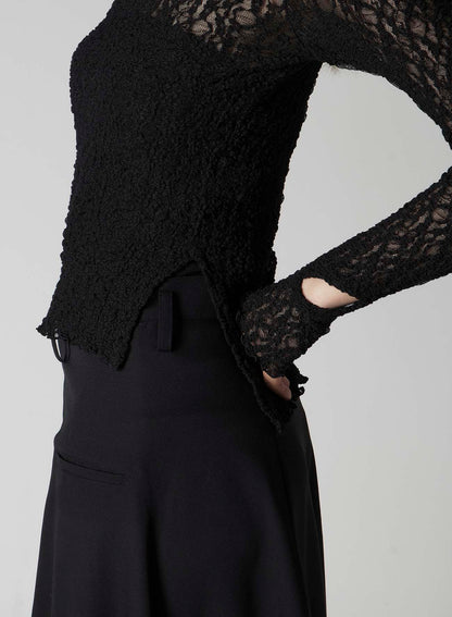 FLOWER SHIRRING SLIT HIGH NECK T-SHIRT