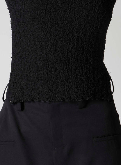 FLOWER SHIRRING SLIT HIGH NECK T-SHIRT