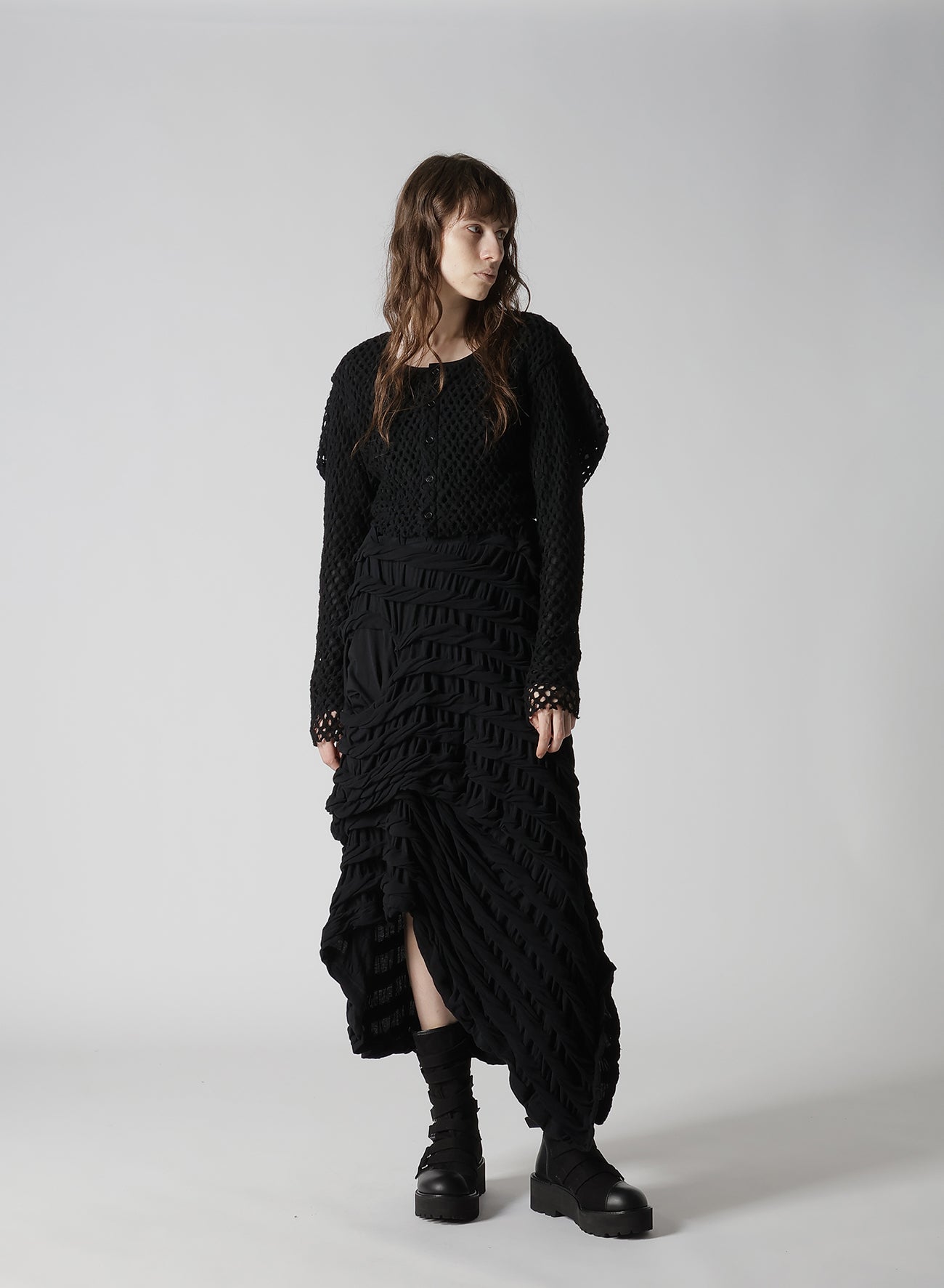 HOLE JACQUARD + CHIFFON PUFF CARDIGAN