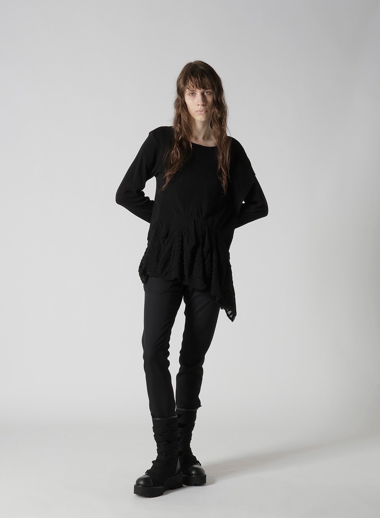 FRILLED JACQUARD GATHER ASYMMETRY T-SHIRT