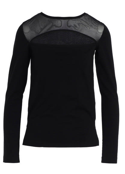 PLAIN STITCH +TULLE SLIT CHEST LONG SLEEVE T-SHIRT