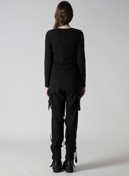 PLAIN STITCH +TULLE SLIT CHEST LONG SLEEVE T-SHIRT