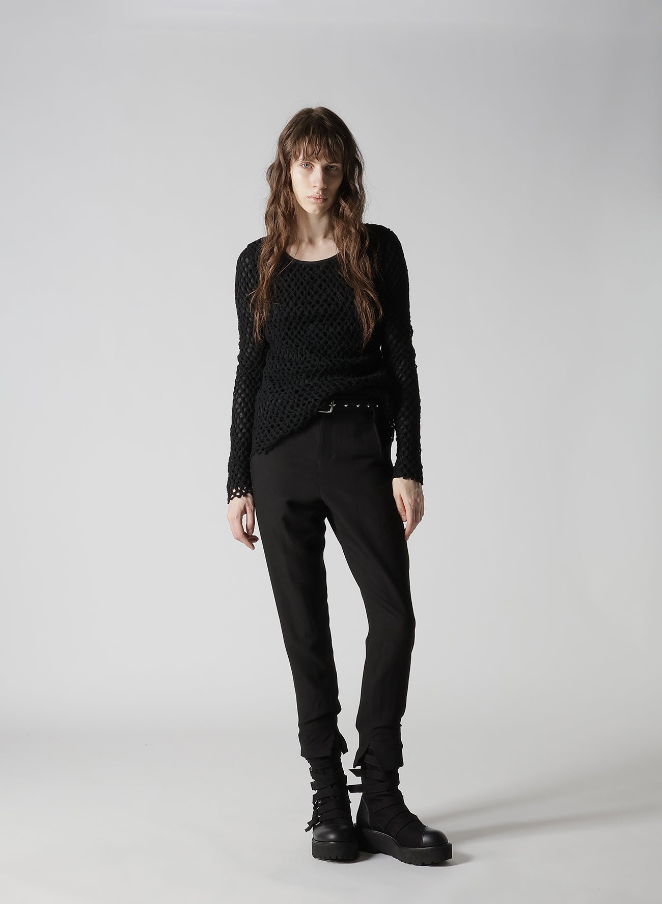 HOLE JACQUARD + CHIFFON TIGHT LONG SLEEVE T-SHIRT