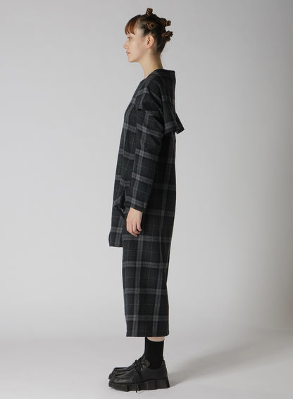 GRAY PLAID TUCKED SLV DRESS