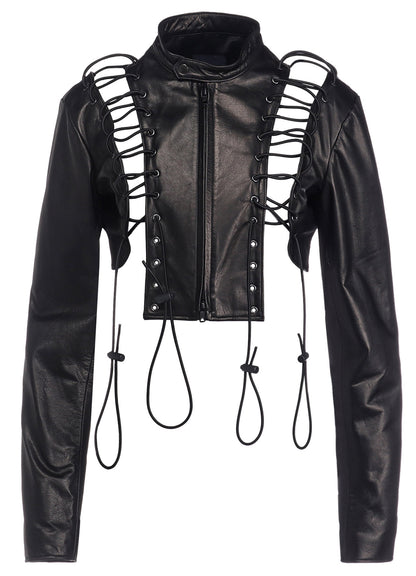 COW LEATHER LACE-UP CROPPED JACKET