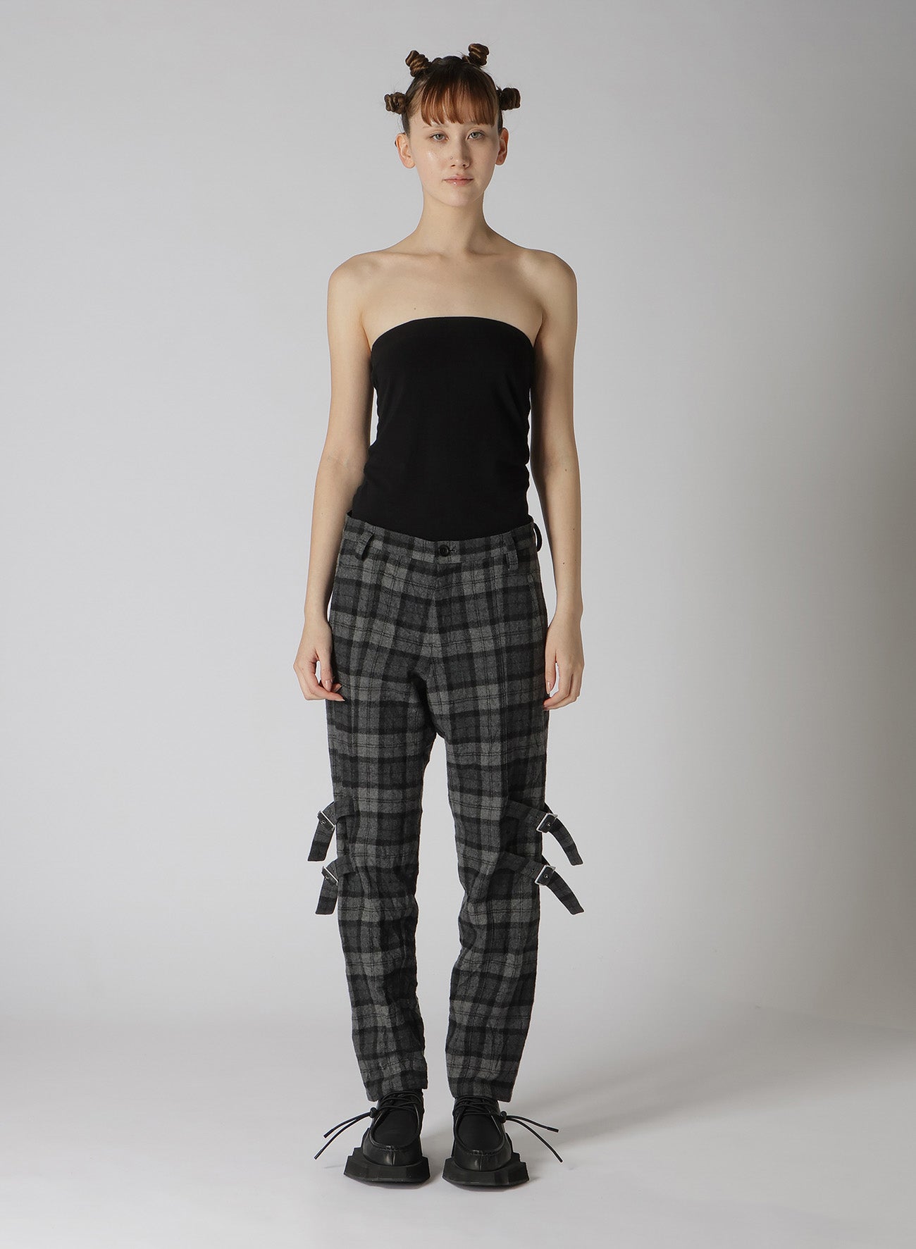 PLAID FLANNEL BELT DETAIL PANTS