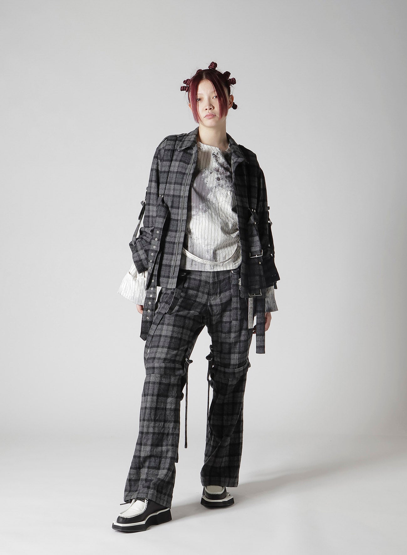 PLAID FLANNEL STRAP DETAIL PANTS