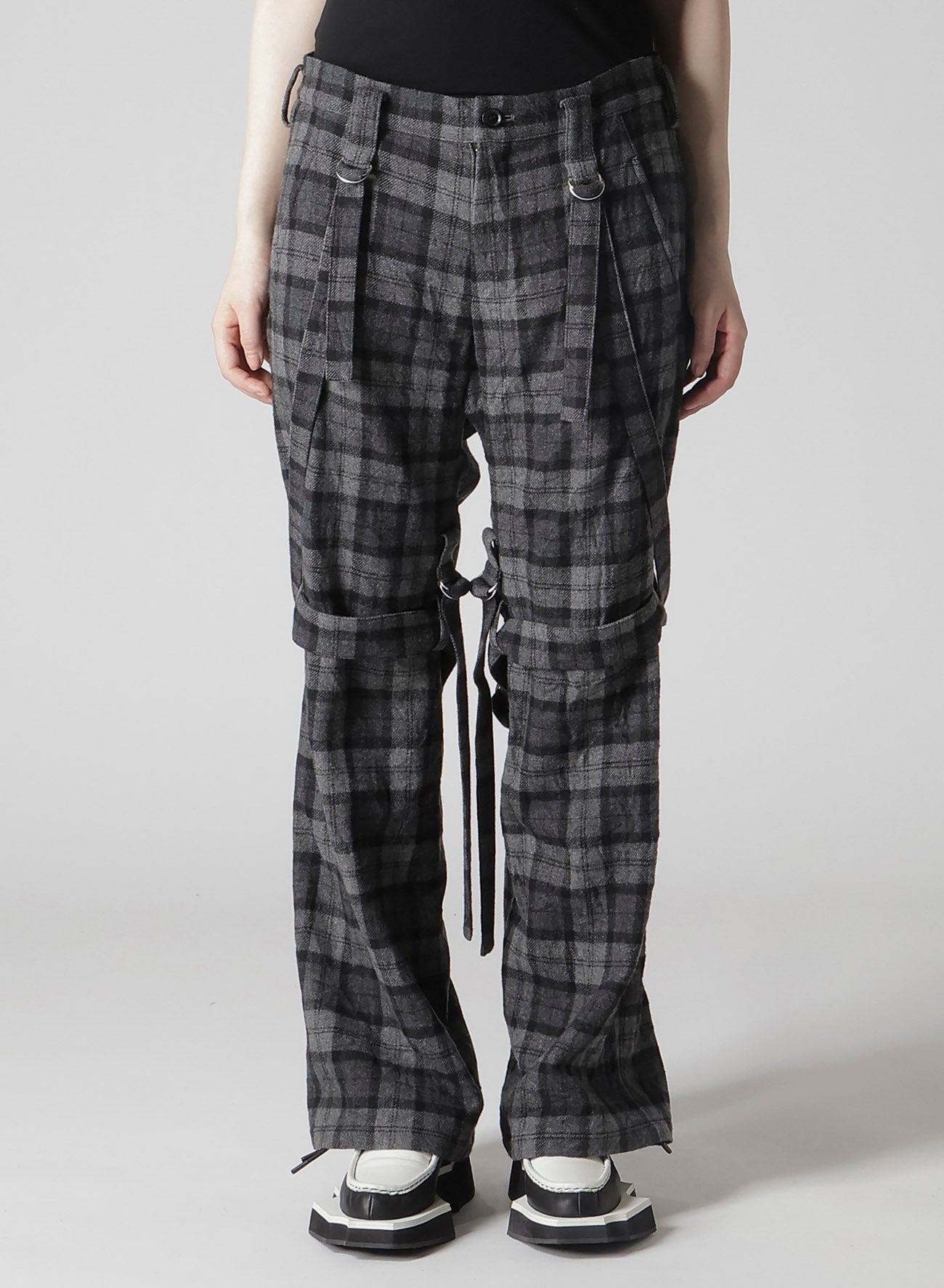 PLAID FLANNEL STRAP DETAIL PANTS