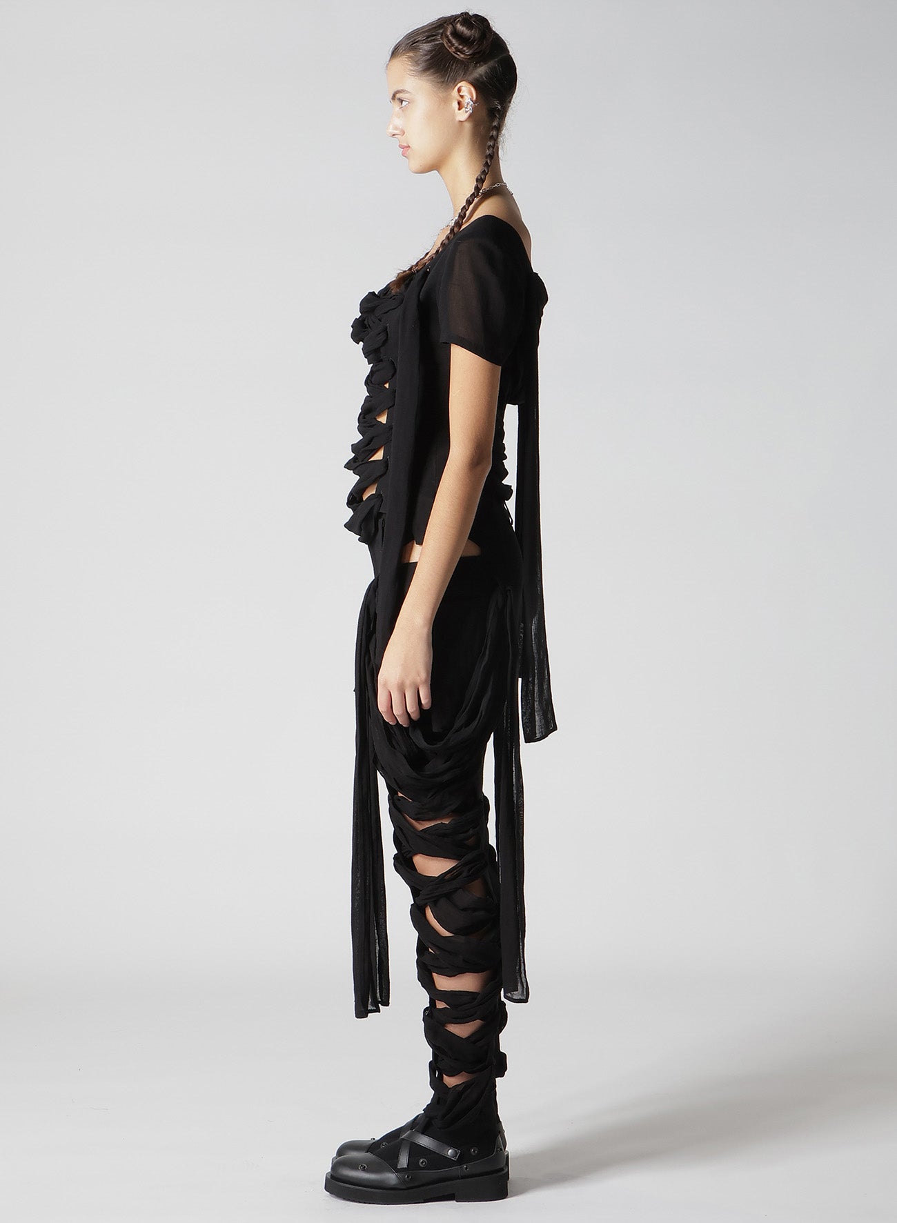 GAUZE RIBBON LACE-UP BLOUSE