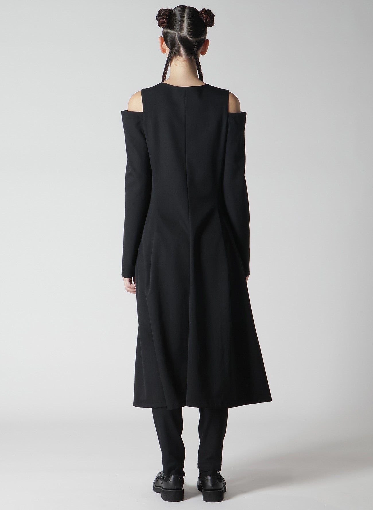 WOOL GABARDINE OPEN SHOULDER DRESS