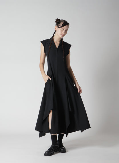 WOOL GABARDINE FRONT OPEN FLARED DRESS