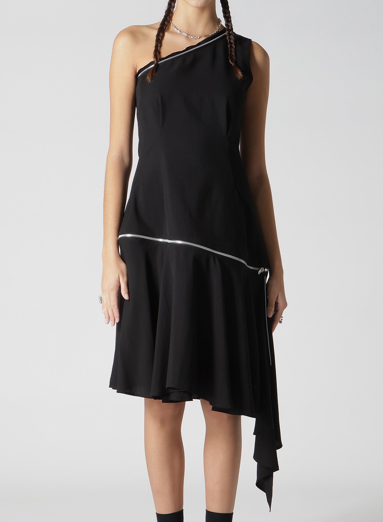 HARD TWIST GABARDINE ZIP ONE SHOULDER DRESS