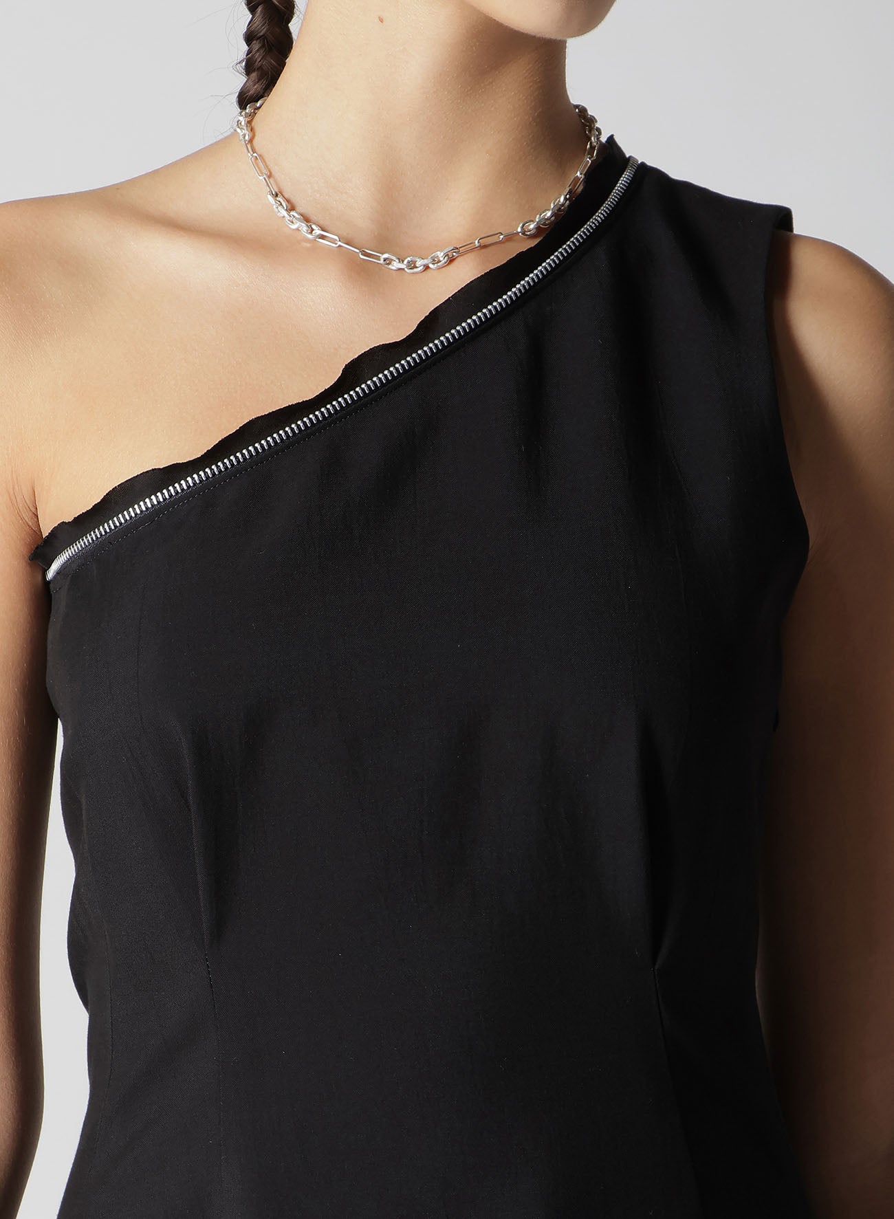 HARD TWIST GABARDINE ZIP ONE SHOULDER DRESS