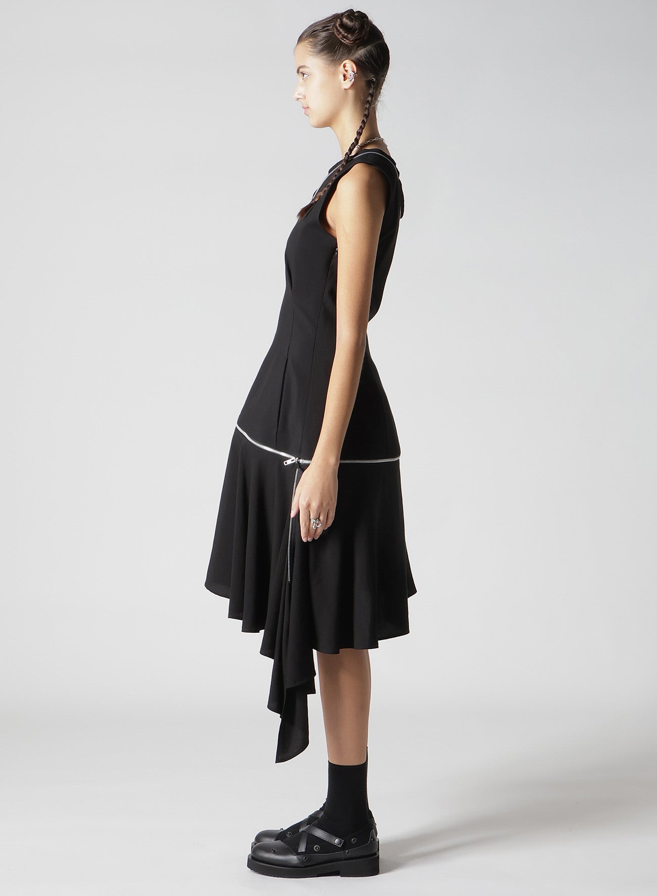 HARD TWIST GABARDINE ZIP ONE SHOULDER DRESS