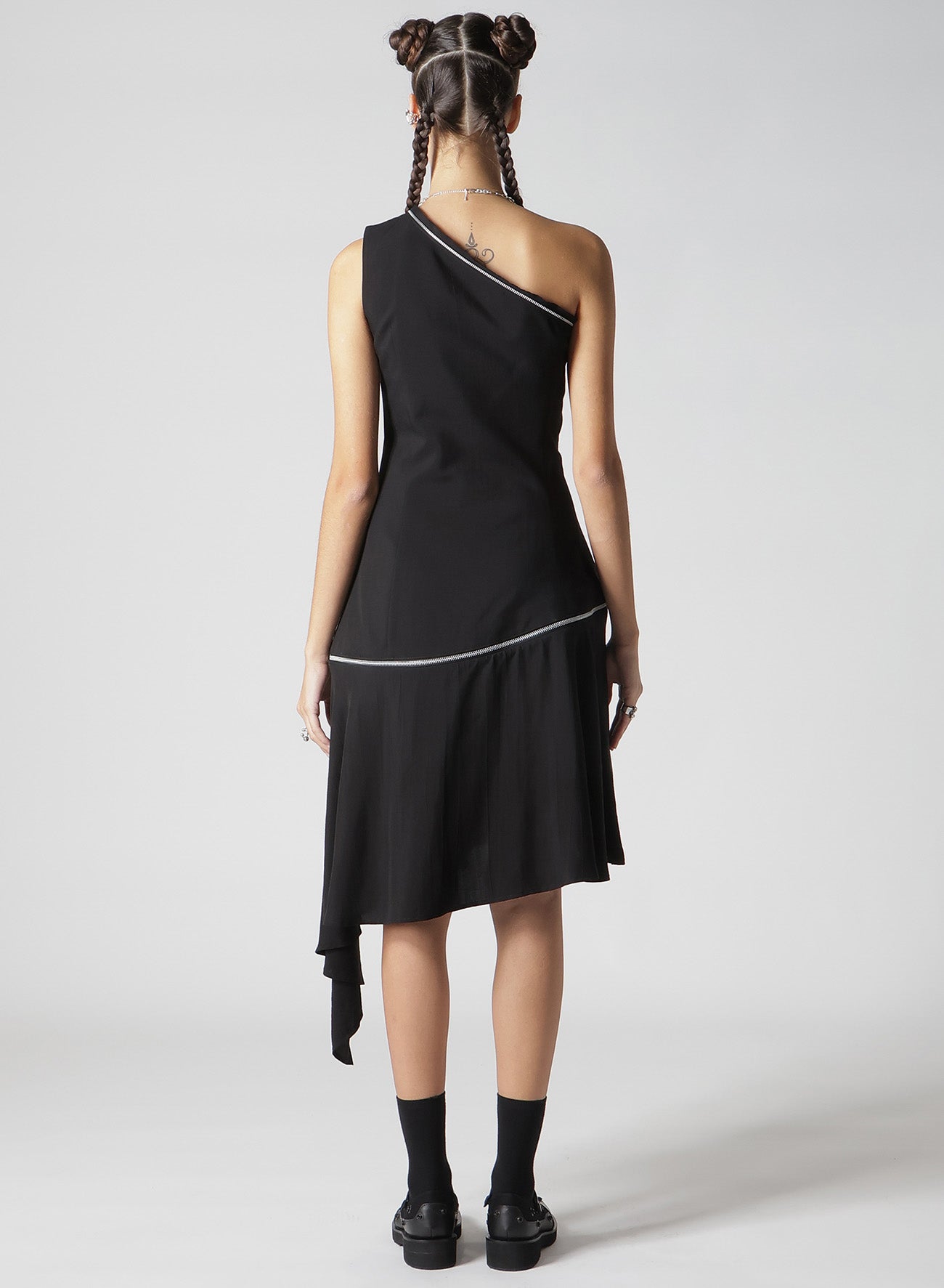 HARD TWIST GABARDINE ZIP ONE SHOULDER DRESS