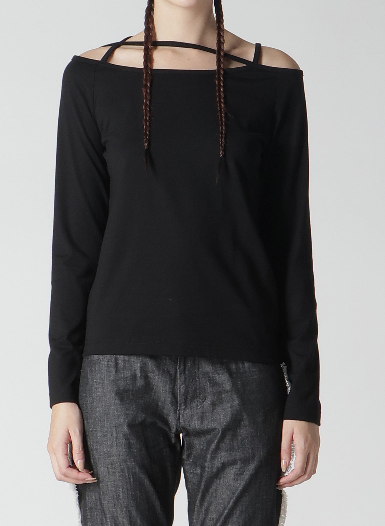 PLAIN STITCH STRING DETAIL LONG SLEEVE T-SHIRT