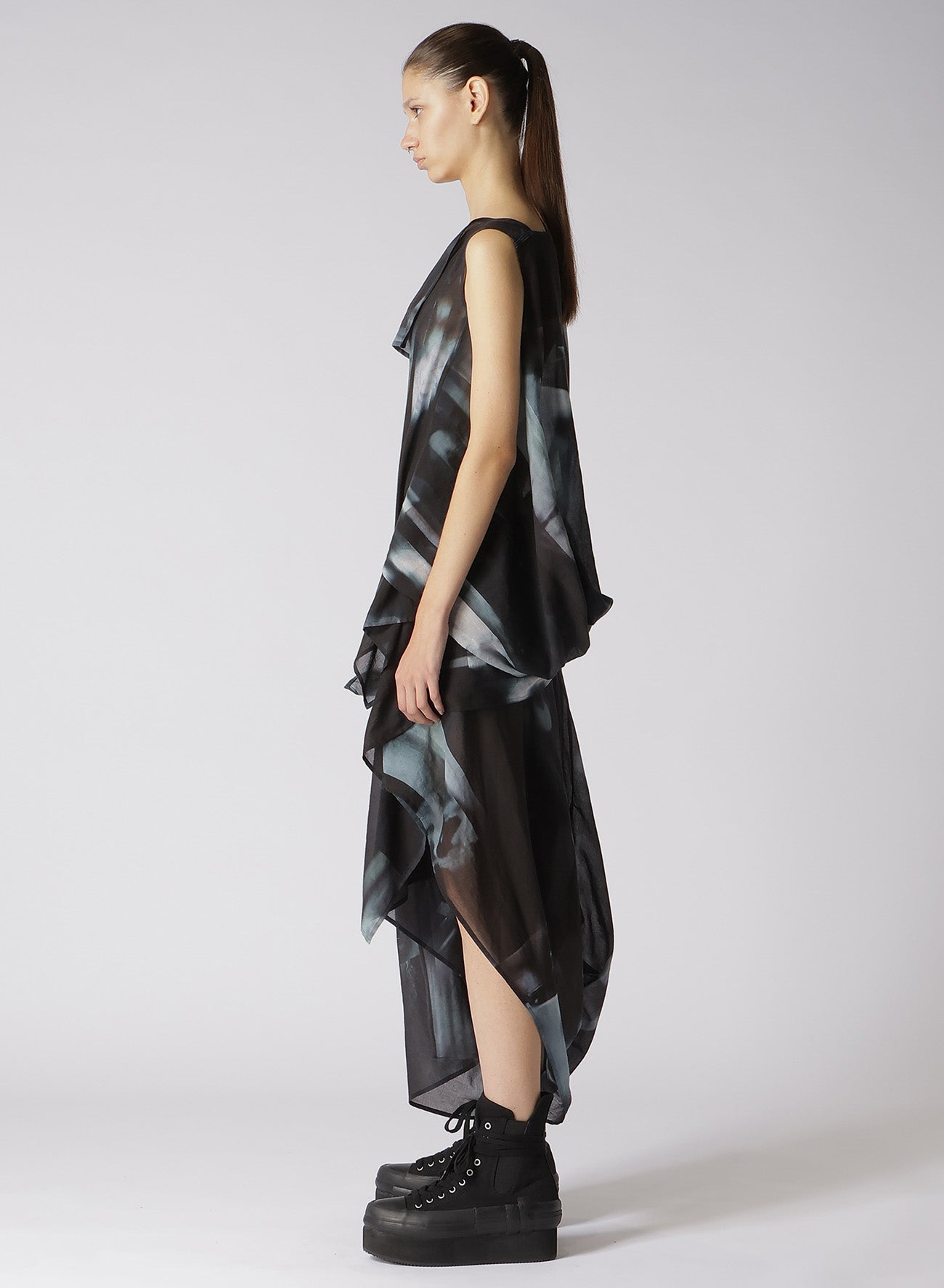 PHOTO SHREDDER PRINT DRAPE DRESS