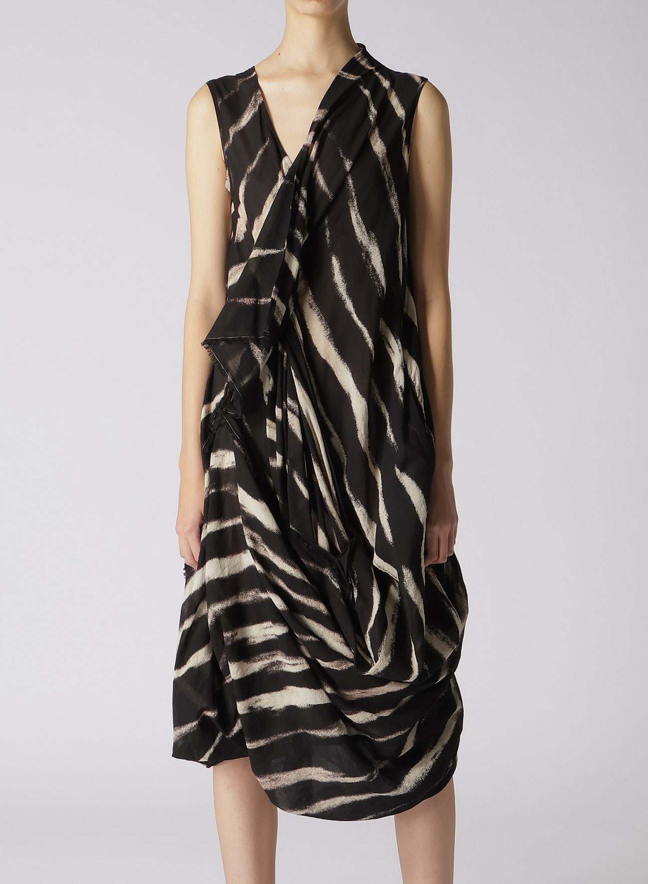 BLEACHED STRIPE DRAPE DARTS DRESS