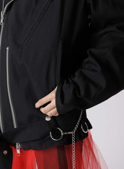 METAL EYELET DENIM BIKER JACKET