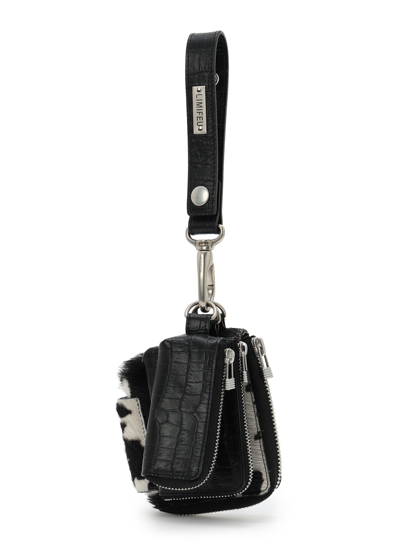 CROCO EMBOSSED LEATHER + HAIRCALF  3LAYERS POUCH