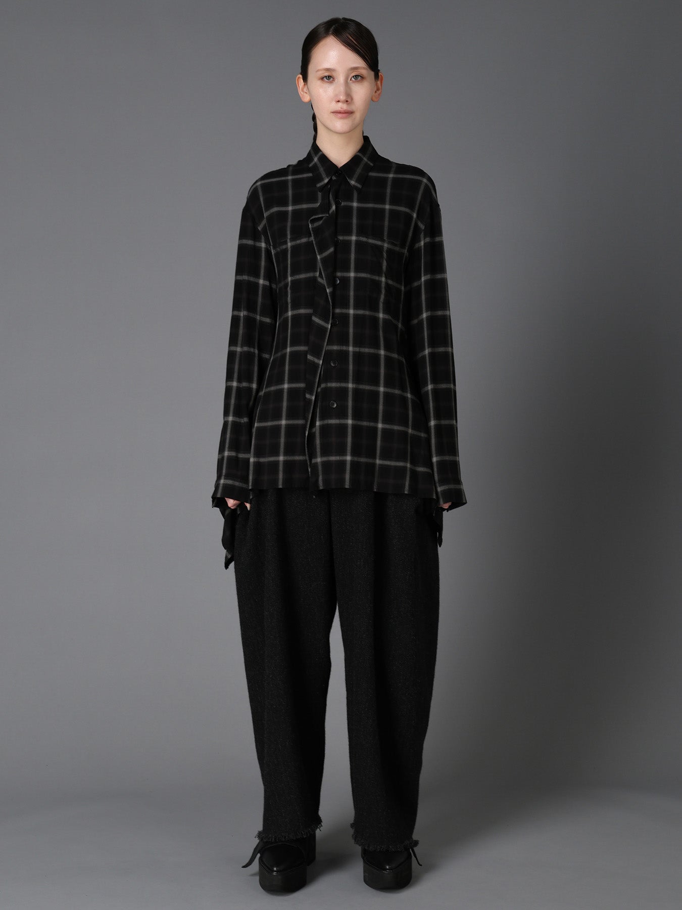 RAYON PLAID FLARED PANEL BLOUSE
