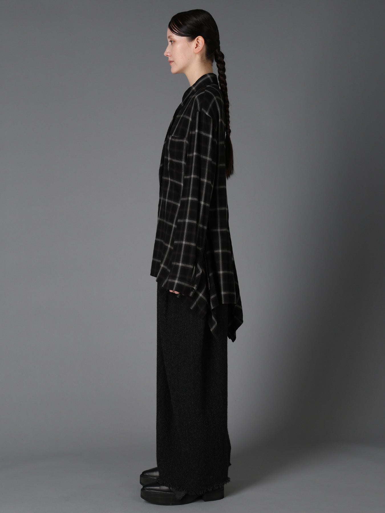 RAYON PLAID FLARED PANEL BLOUSE