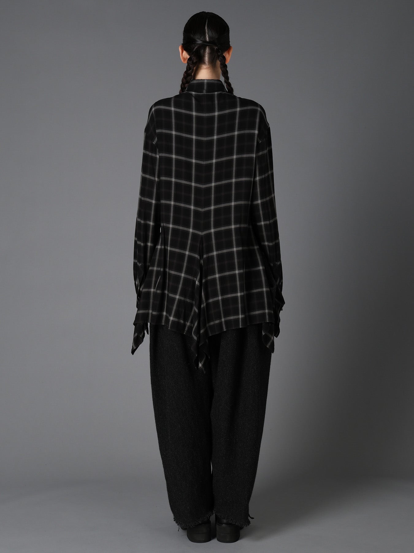 RAYON PLAID FLARED PANEL BLOUSE
